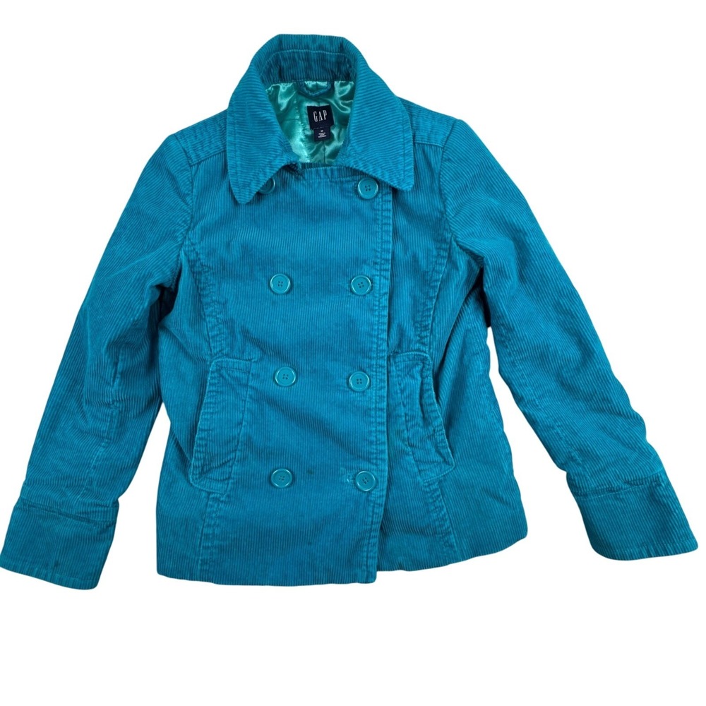 Vintage Y2K GAP Corduroy Pea Coat Women's Medium‎ Teal Blue Double Breasted Coat